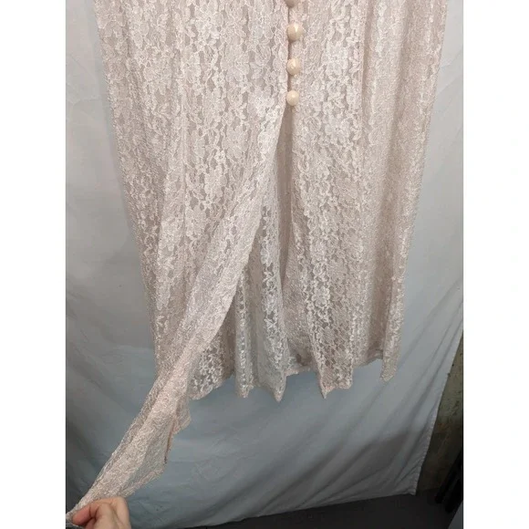 Vintage Pink Sheer Lace Dress Floral Maxi Robe Button 22 Fairy Dainty Romantic - Picture 4 of 10